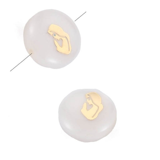 Kaufen Sie Perlen in der Schweiz Natürliche weiße Muschel Flache runde Perle mit goldener Jungfrau 8x3,5 mm, Loch 0,7 mm (2)