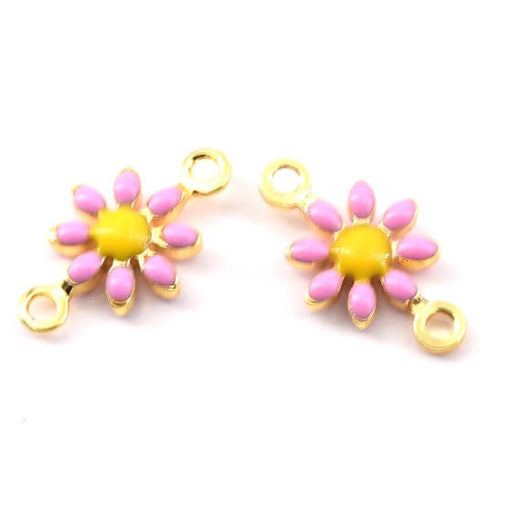 Gänseblümchen-Blumen Verbinder PINK Emaille Goldenes Messing 7 mm (2)