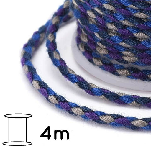 Cordon Coton Tressé Fil Bleu Gris et Violet - 2mm (Bobine 4m)