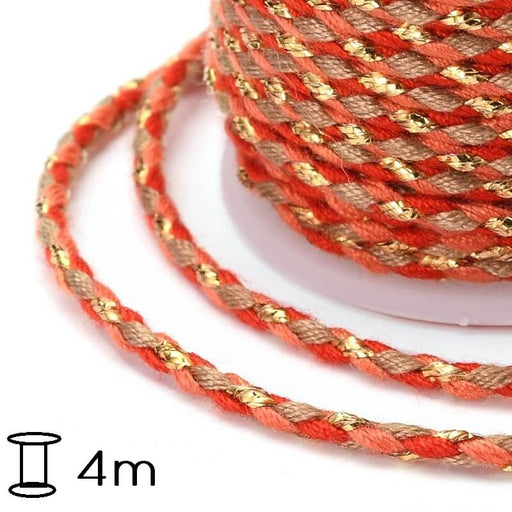 Geflochtene Baumwollkordel rot und orange - Goldfaden , 1,5 mm (Spule- 4m)