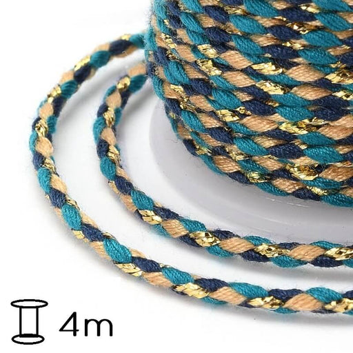 Achat Cordon Coton Tressé Fil Doré, Vert Canard et Beige - 2mm (Bobine 4m)