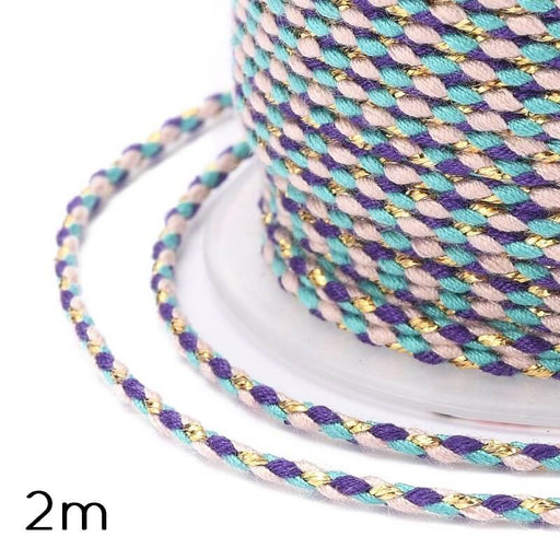 Achat Cordon Coton Tressé Fil Doré, Turquoise et Violet - 2mm (2m)