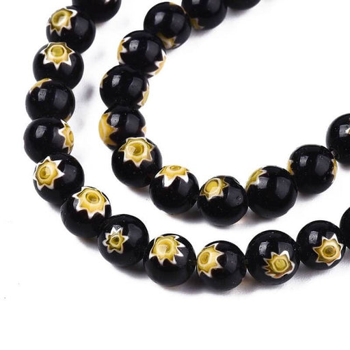 Kaufen Sie Perlen in der Schweiz Millefiori Schwarze und Gelbe runde Perlen 6mm, 37cm (1 Strang)