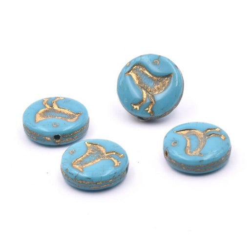 Achat Perles en Verre de Bohême Oiseau Turquoise Bleu et Or 12mm (4)