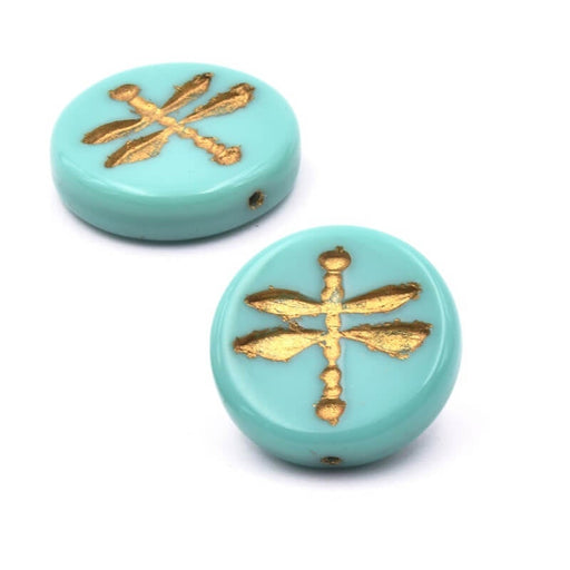 Tschechisches Druckglas Libelle Teal Turquoise und gold 17mm (2)