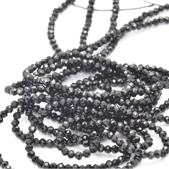 Perles Rondes Verre à Facettes Noir 2mm, Trou: 0.5mm (1fil)