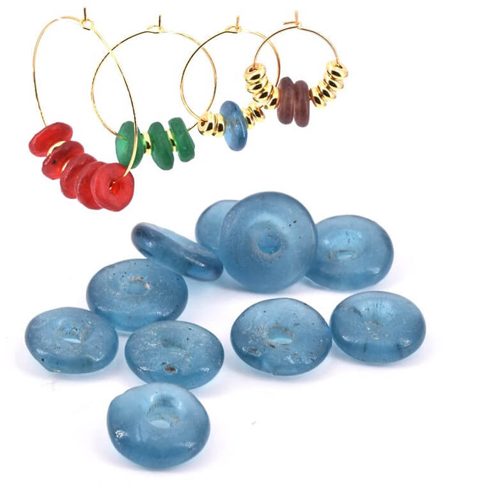 Perles Rondelle Donut Ethnique en Pate de Verre Bleu Montana 10-12mm (10)