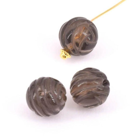 Perles rondes sculptées en Quartz fumé 11mm, trou 1mm (2)