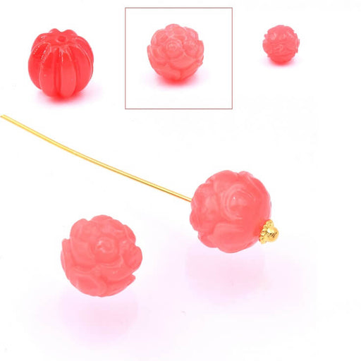 Perle Ronde Sculptée Fleur en Coquillage Teinté Corail Rose 12mm, trou 1,5mm (1)