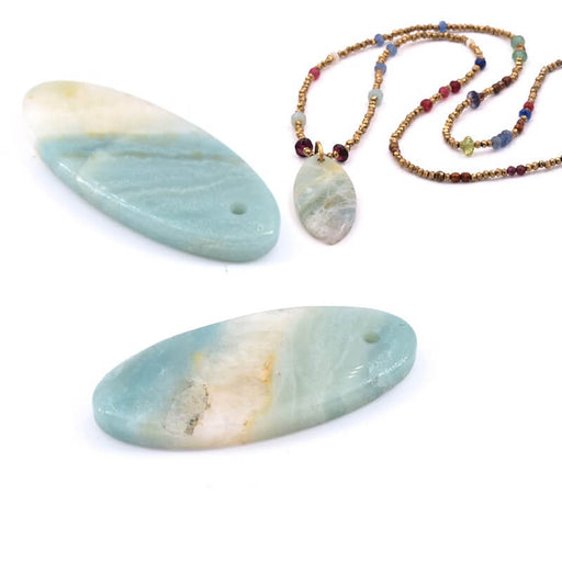 Achat Pendentif Ovale en Amazonite Naturelle Bleue Vert 35x15x3.5mm - Trou :1.5mm (1)