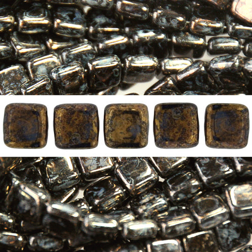 Perles 2 trous CzechMates tile jet bronze picasso 6mm (50)