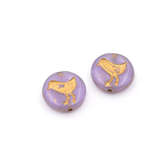 Perles en verre de Bohême oiseau lilas opale et or 12mm (4)