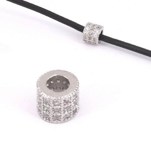 Perle, large tube, laiton plaqué rodhium avec zircon strass 6x5mm trou: 3mm (1)