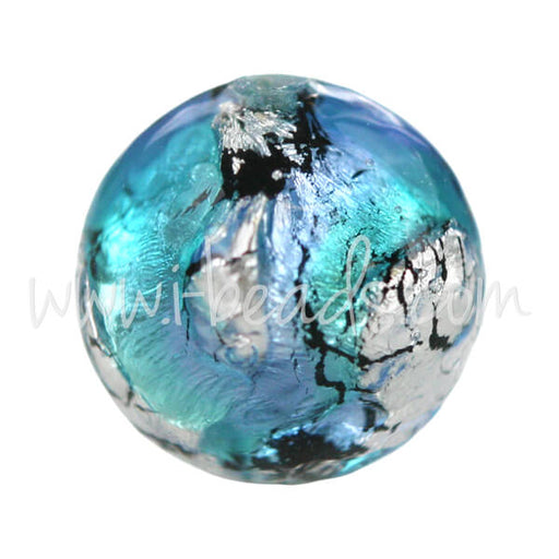 Murano Glasperle Rund Blau und Silber 12mm