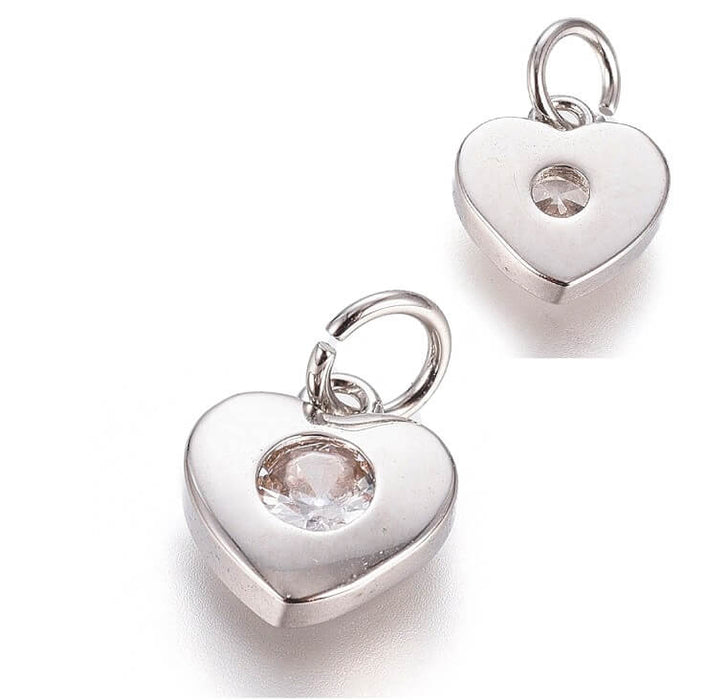 Charm, pendentif en laiton plaqué platine-coeur avec zircon 7,5mm (1)