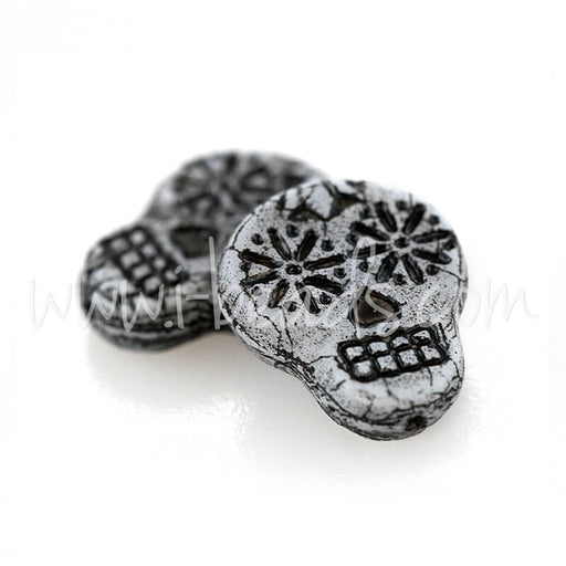 Kaufen Sie Perlen in der Schweiz Tschechisches Druckglas Sugar Skull Grau Schwarz 15x19mm (2)