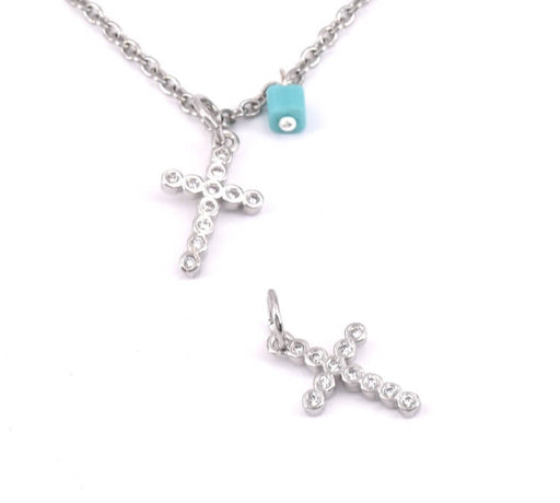 Charm, pendentif breloque croix plaqué platine avec zircons 14mm - avec anneau (1)