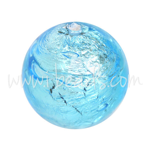 Murano Glasperle Rund Aquamarin und Silber 12mm (1)