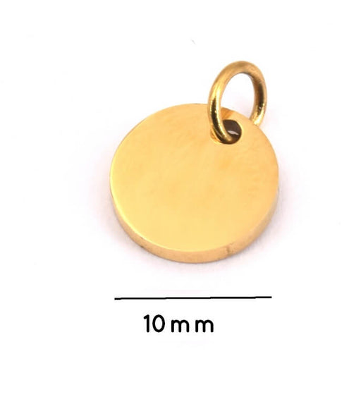 Médaille breloque pendentif ronde plate Acier Inoxydable doré OR avec anneau 10mm (1)