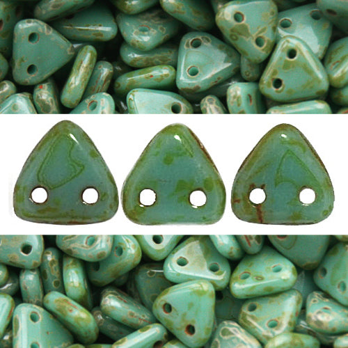 Perles 2 trous CzechMates triangle opaque turquoise picasso 6mm (10g)