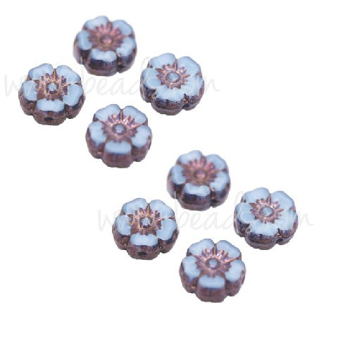 Perles en verre de Bohême fleur d'hibiscus bleu clair et bronze 7mm (4)
