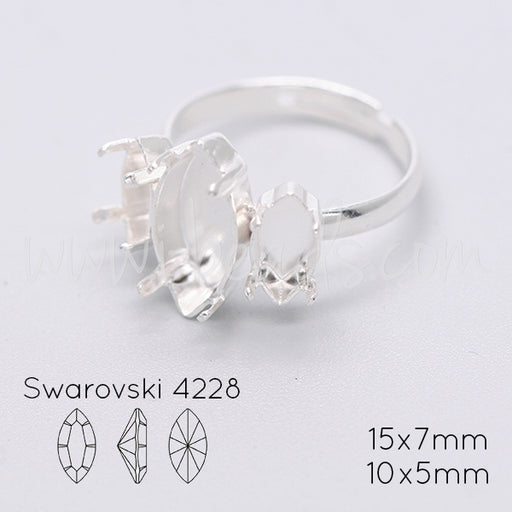 Serti bague ajustable pour Swarovski 4228 navette 15x7mm et 10x5mm argenté (1)