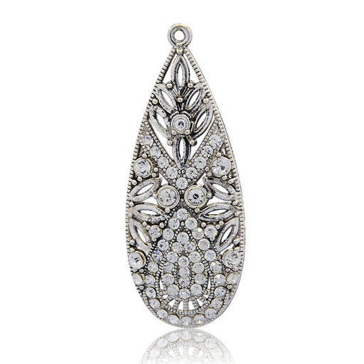 Pendentif Goutte en alliage et strass crystal argent antique 60x23mm (1)