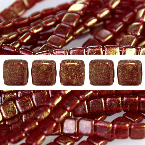 Perles 2 trous CzechMates tile gold marbled ruby 6mm (50)