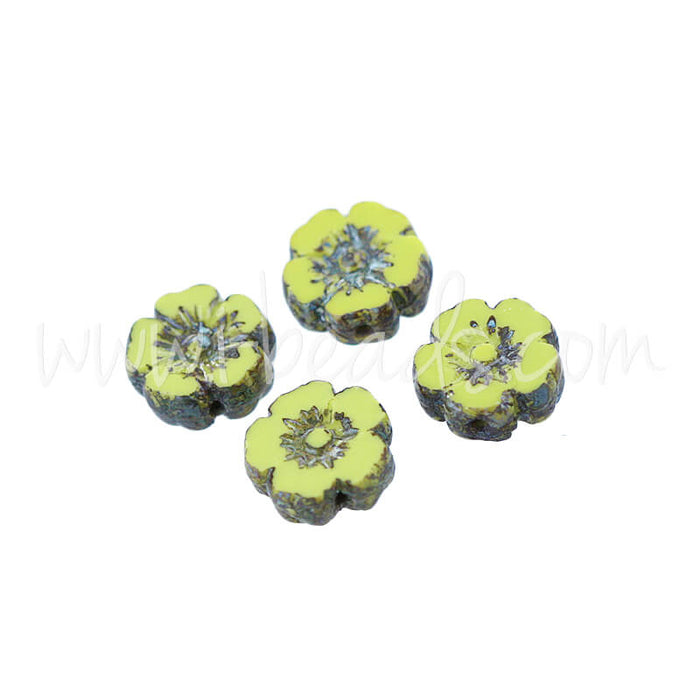 Perles en verre de Bohême fleur d'hibiscus vert et picasso 9mm (4)