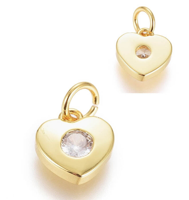 Charm, pendentif en laiton doré or fin qualité -coeur avec zircon 7,5mm (1)