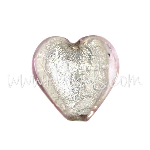 Perle de Murano coeur cristal rose clair et argent 10mm (1)