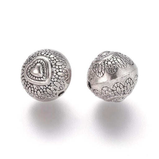 Perles rondes avec coeur, métal, couleur Argent 10mm (2)