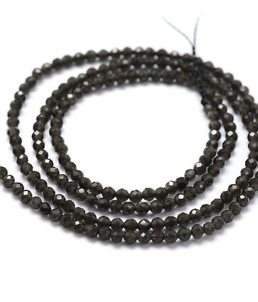 Perles noires obsidienne à facettes, 2mm, Trou: 0.5mm, 175 pcs/fil, (38 cm) (1)