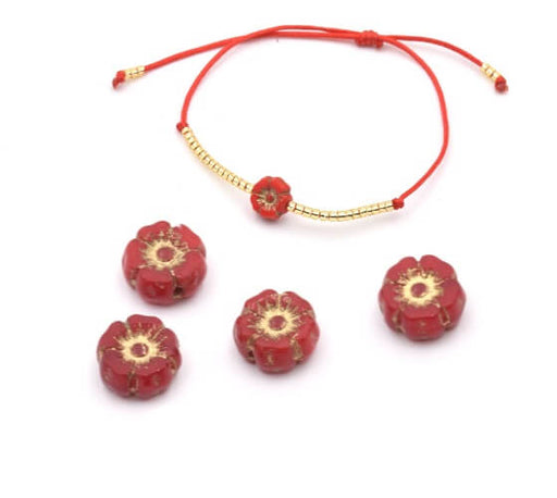 Achat Perles en verre de Bohême fleur d&#39;hibiscus rouge et or 6mm (4)